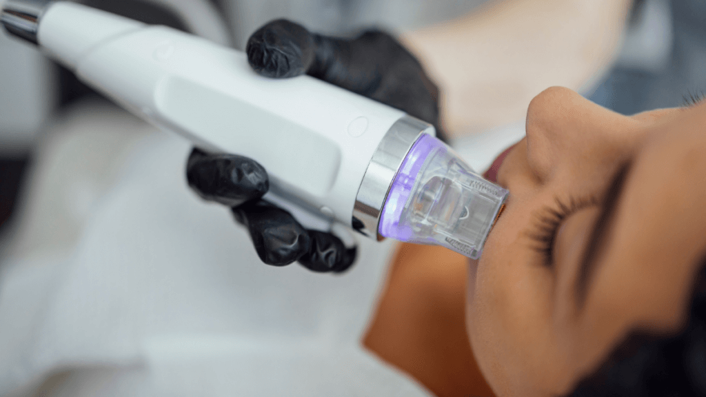 An image of an exosome skincare treatment applied to the skin through a microneedling session